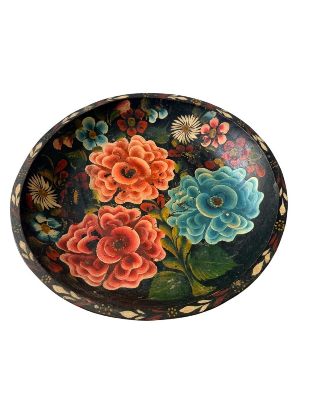 Vtg. Hand Painted Wooden Decorative Bowl 15" Floral Folk Art Centerpiece Rustic